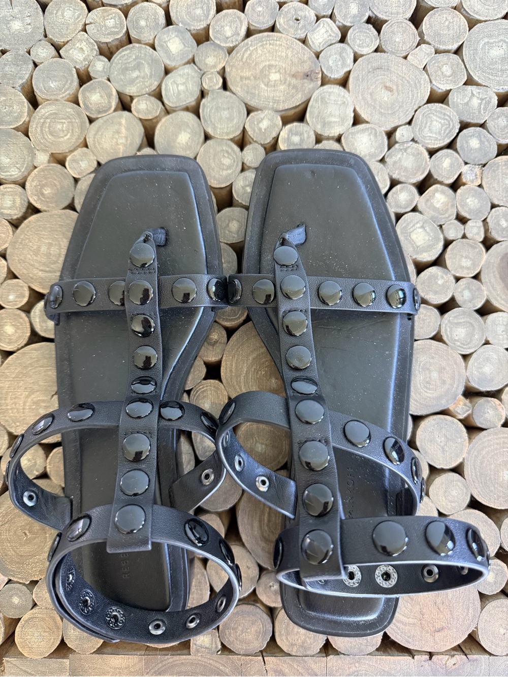 Rebecca Minkofff Black Studded Leather T-Strap Flat Sandals